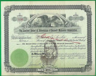 1905 Stock Certificate Nashua,  N.  H.  Ancient Order Of Hibernians O 