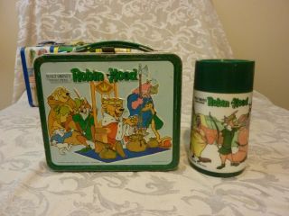 Vintage Walt Disney Robin Hood Metal Lunchbox With Thermos 1970s Has Wear