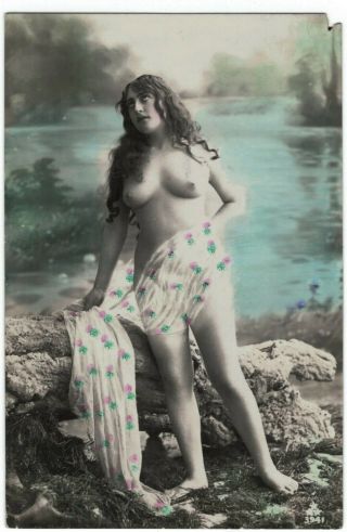 Early 1900s Risque Semi Nude Lady Standing By Lake Antique French Postcard Rppc