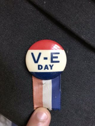 1945 Wwii Homefront Pin V - E Day Pinback Victory Over Nazi,  Ribbon