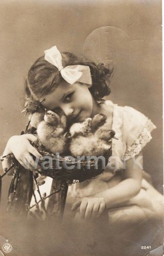 Real Postcard Vintage Edwardian Girl With Chicks Circa 1910 Easter