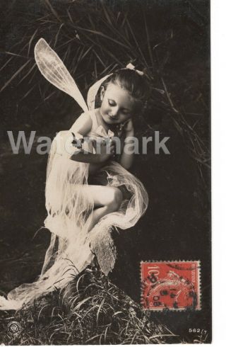 Antique Postcard Vintage Edwardian Girl With Wings Fairy Pixie Dragonfly
