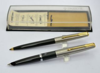 Vintage Set Parker 45 Fountain Pen And Ball Point In Dark Grey Nos W/box (x3218)