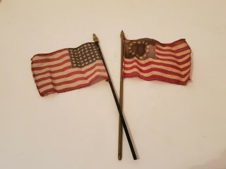 Set Of Vintage Small 48 & 13 Star Wood Handle American Parade Flag.