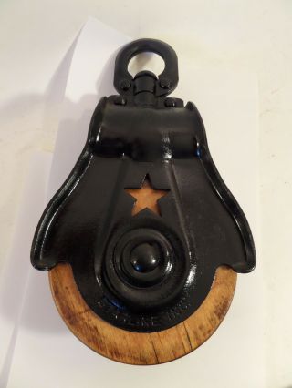 Antique Vintage Starline Cast Iron And Wood Barn Pulley -