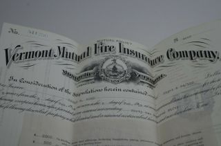 Vermont Mutual Fire Insurance Company Policy Expired 1914/19 Ephemera Lithograph
