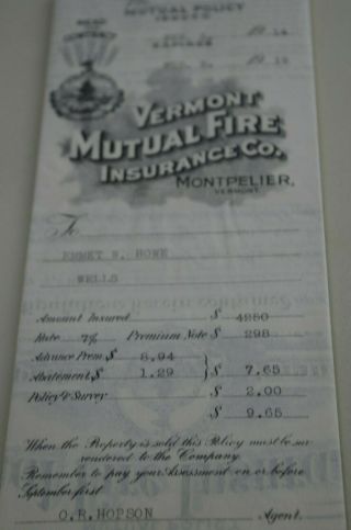 Vermont Mutual Fire Insurance Company Policy Expired 1914/19 Ephemera Lithograph 4