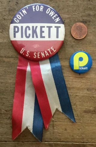 1986 Owen Pickett Va Democrat Us Senate Campaign Pin Back Button W/ Ribbon
