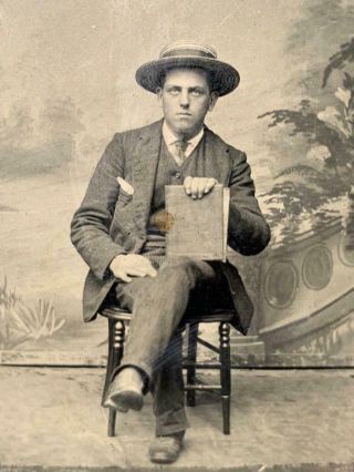 Antique 1800s Tintype Photo Man Wearing Straw Hat Holding Large Book