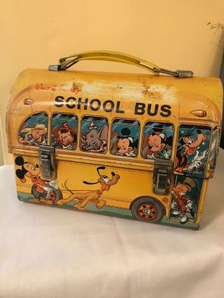 Vintage Metal Walt Disney School Bus Lunchbox Yellow Plastic Handle Silver Latch