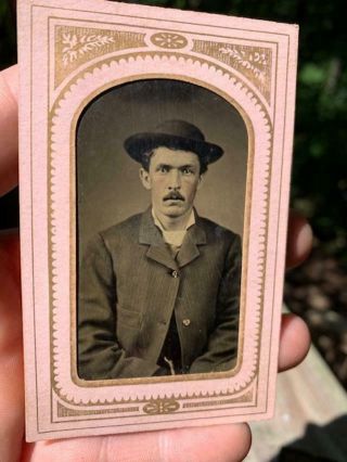Antique 1800s Tintype Photo Man Wearing A Hat Victorian Paper Sleeve