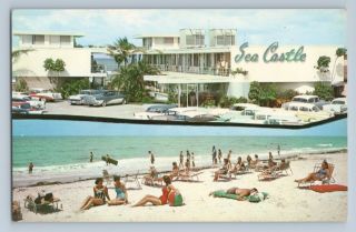 Vtg Postcard Fl St Petersburg Sea Castle Of Treasure Island Hotel Beach 1960s