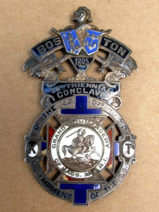 Antique 1895 Knights Templar Badge Boston Ma Enamel Masonic Medal Pin Freemason