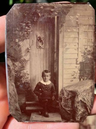 Antique 1800s Tintype Photo Little Boy Holding Bowler Hat Great Backdrop Lion