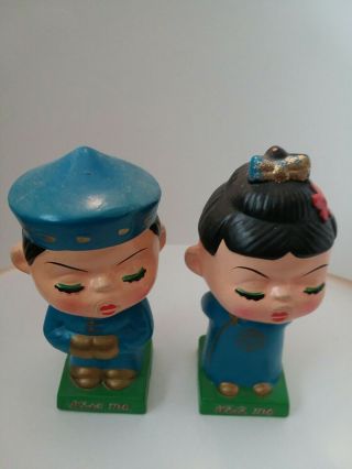 Vintage Asian Chinese Blue Bobble Head Nodders Kiss Me 1960 