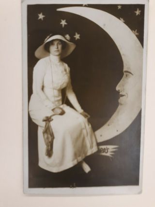 Antique Real Photo " Beauty On The Moon " Studio Portrait.  1913.  Capron,  Ny