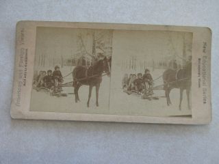 SV41 Stereoview Photo Card kids having fun on a horse drawn sled in winter 2