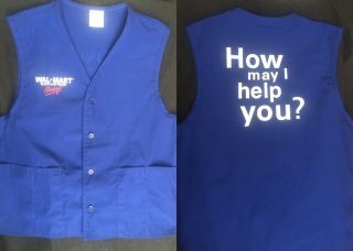 Button Up Wal - Mart Vest Uniform " How May I Help You? " Vintage Blue Medium