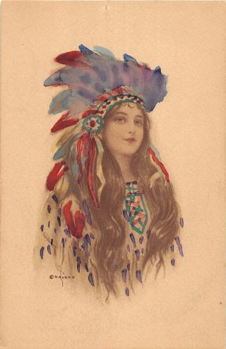 F66/ Native American Indian Postcard C1910 Woman Headdress Hand - Painted 21