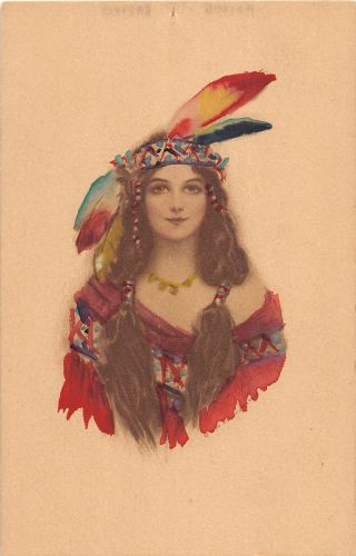 F66/ Native American Indian Postcard C1910 Woman Headdress Hand - Painted 20