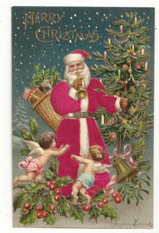 Silk Santa Plays Bugle Cherubs Tree Basket Presents U.  S.  Flag Christmas Postcard
