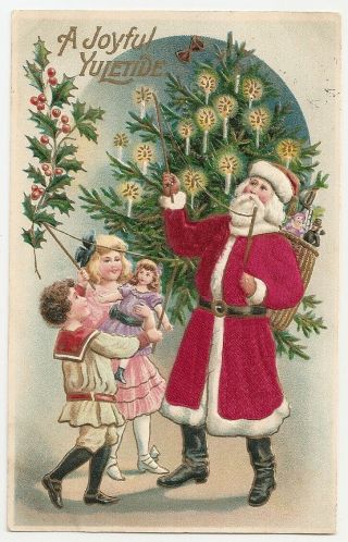 Silk Santa Plays Diabolo With Boy Girl Doll,  Joyful Yuletide,  Christmas Postcard