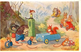 Vintage Molly Brett Postcard 244: Dressed Animals,  Woodland Garage,  Gas Station