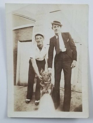Vintage Photograph Very Tall Man Long Legs With Shepherd Dog 1932