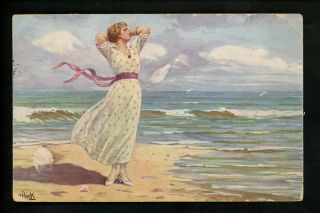 Artist Signed Vintage Postcard Mailick,  Seashore Beach Woman Vintage