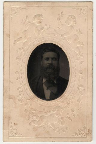 Tintype Metal Framed Photograph Of Victorian Gentleman With Fine Beard C.  1895