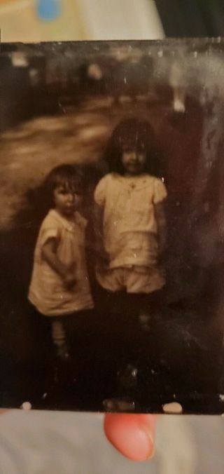 Vintage Tin Photo Of 2 Young Children,  Unknown Time