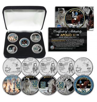 Apollo 11 50th Anniversary Man On Moon State Fl & Oh Quarters 5 - Coin Set W/ Box