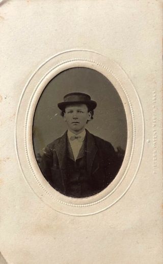 Vintage 6th Plate Tintype Paper Mat Young Man With Hat 1880s