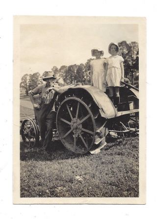 Farming Man & Children With An Old Tractor - Vintage Photograph C1925