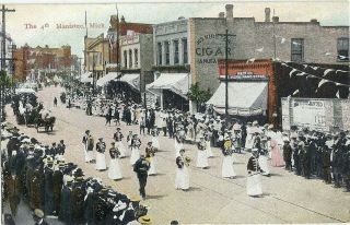 Manitee,  Mi: 1910: 4th Of July Parade With A Ladies Band: Hurst Cigar Sign