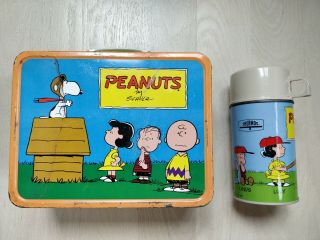 Vintage 1959 Peanuts Tin Lunchbox With Matching Thermos Charlie Brown/snoopy
