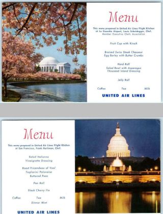 2 Postcards United Air Lines Menus Washington Dc Capitol & Jefferson Memorial