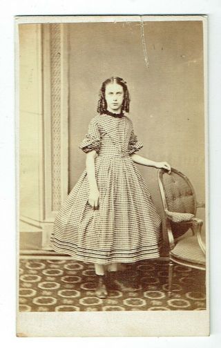 Victorian Cdv Photo Girl Ringlets Checked Dress Unstated Photographer