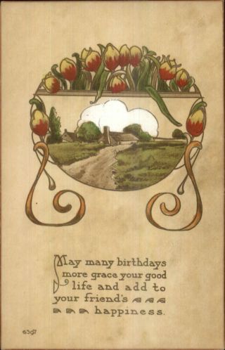 Arts & Crafts Bergman 6397 Tulips Flowers Birthday C1910 Postcard 1