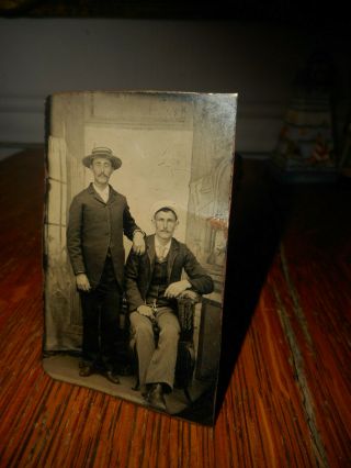 Antique Tintype Photo Of 2 Men,  Standing & Sitting,  Straw Hat,  Cap,  Tinted