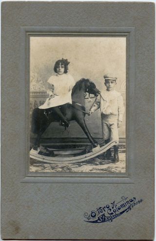 Cabinet Card Photo On Large Mount,  Children With Rocking Horse,  Havana,  Cuba