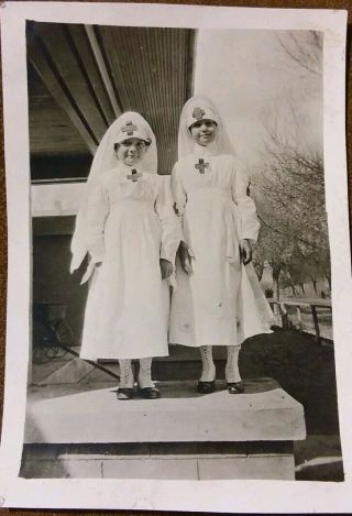 Vintage Old 1918 Photo Of Girl Dressed As Wwi Red Cross Nurses Uniforms Outfits