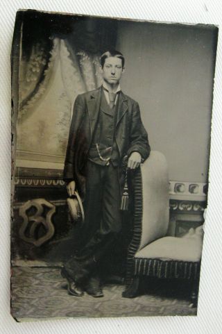 Antique Tintype Photo Portrait Of A Handsome Dapper Young Man Holding His Hat