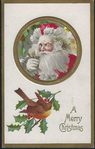 Vintage Merry Christmas Postcard Wind Blown Santa Claus And Bird On Holly