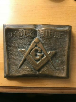 Vintage Mason Freemason Square Compass Holy Bible Desktop Paper Weight Cast Iron