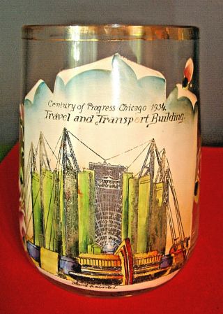 1933 1934 Chicago Worlds Fair Travel & Transport Building Hand - Painted Glass Mug