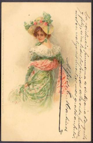 Art Kunstler Noveau Elegant Woman W Hat 1900 Postcard