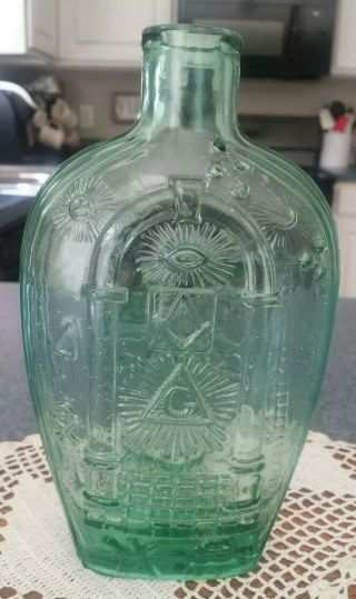 Masonic Flask Eagle & Arch Osv Etched Bottom Green
