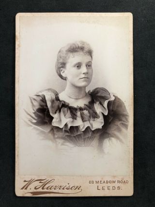 Victorian Photo: Cabinet Card: Lady Elegant Gown Racy Pic Back: Harrison: Leeds