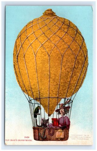Postcard Ca Exaggeration Fruit Lemon Old Maids Honeymoon Hot Air Balloon Vtg D4